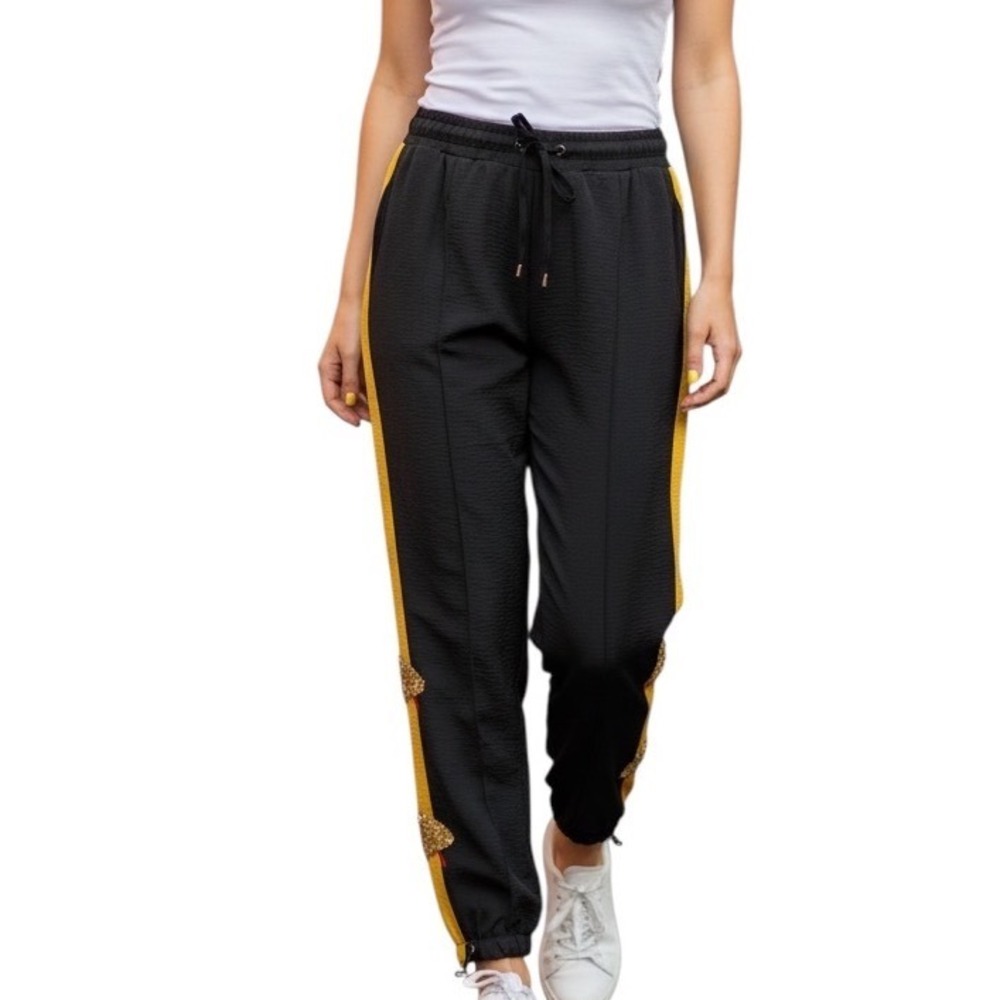 Darkwin Black Yellow Stripe Beaded Leaf Jogger Pants Elastic Waist Size 2 Sporty